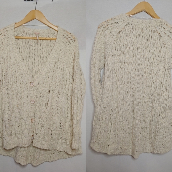 Free People Chunky Knit Cardigan Ivory Cream Small Cotton High Low Hem Pockets - Picture 1 of 10